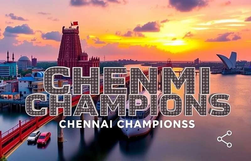 Chennai Champions - Official game cover showcasing Chennai's iconic landmarks Chennai Champions game cover featuring Kapaleeshwarar Temple and Marina Beach
